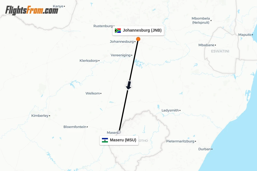 Flights from Johannesburg to Maseru route map