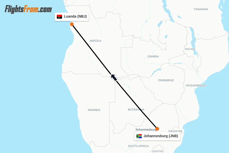 Flights from Johannesburg to Luanda route map