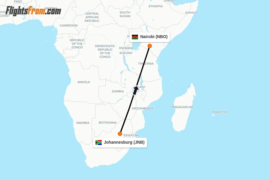 Flights from Johannesburg to Nairobi route map