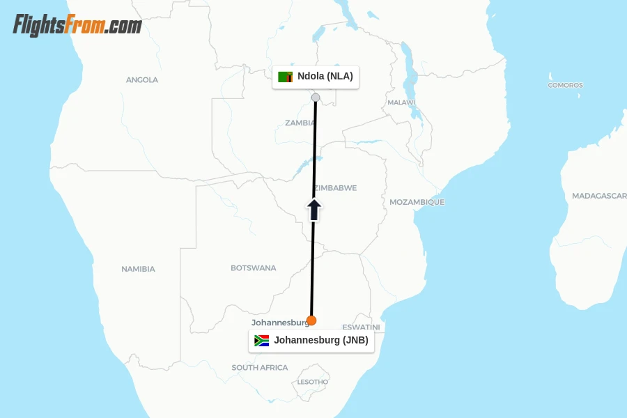 Flights from Johannesburg to Ndola route map