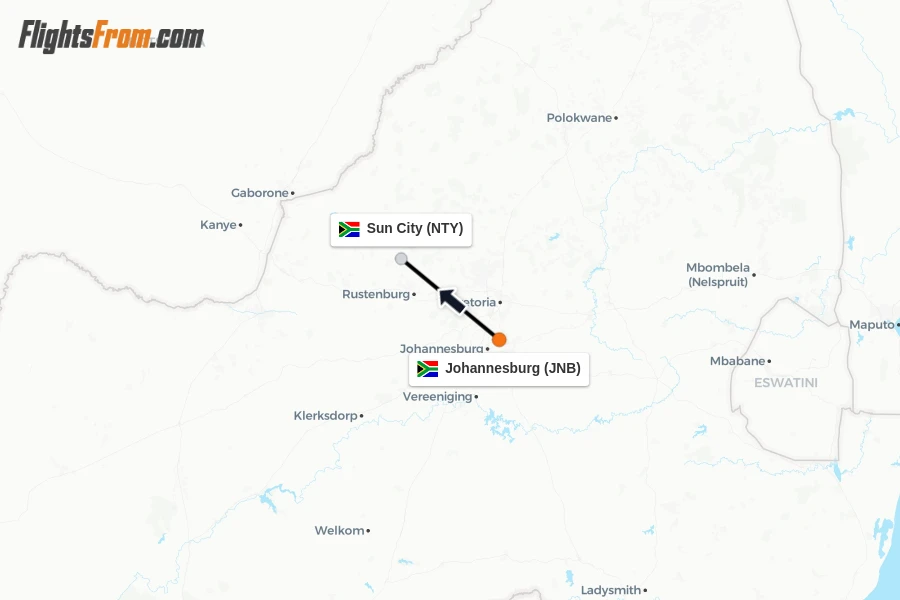 Flights from Johannesburg to Sun City route map