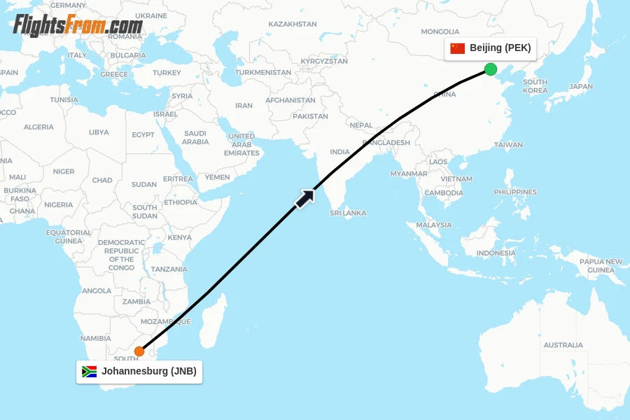 Flights from Johannesburg to Beijing route map