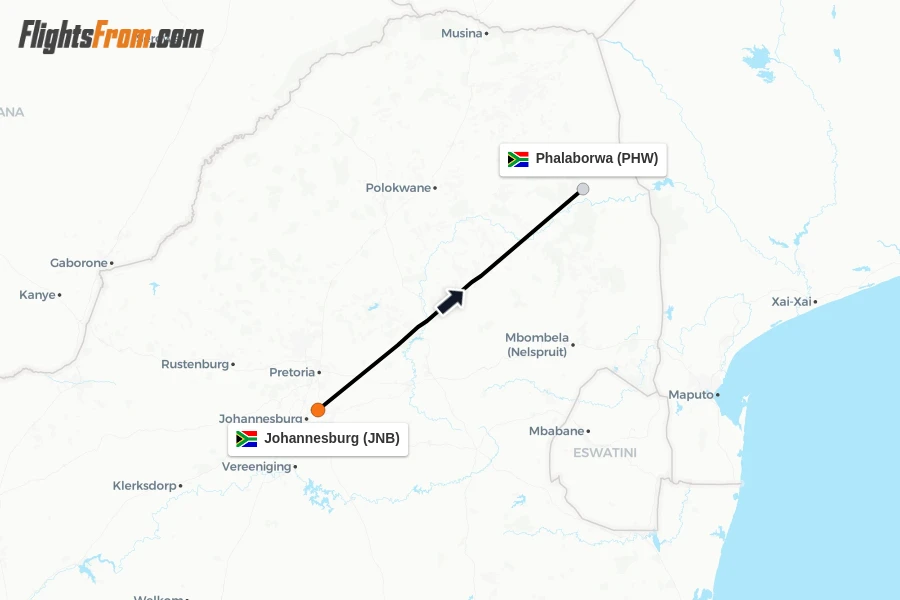 Flights from Johannesburg to Phalaborwa route map