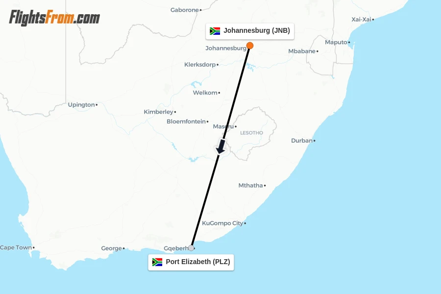 Flights from Johannesburg to Port Elizabeth route map