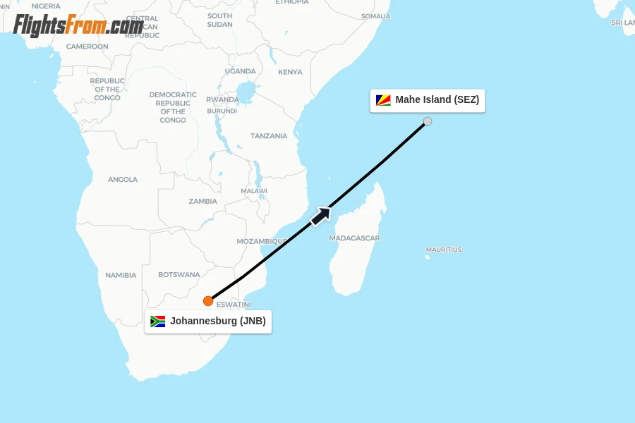 Flights from Johannesburg to Mahe Island route map