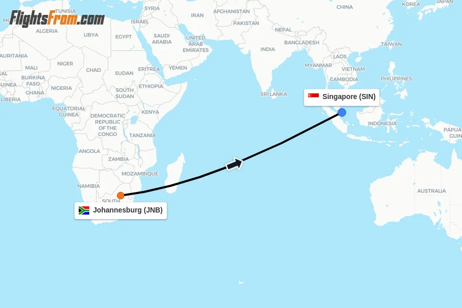 Flights from Johannesburg to Singapore route map