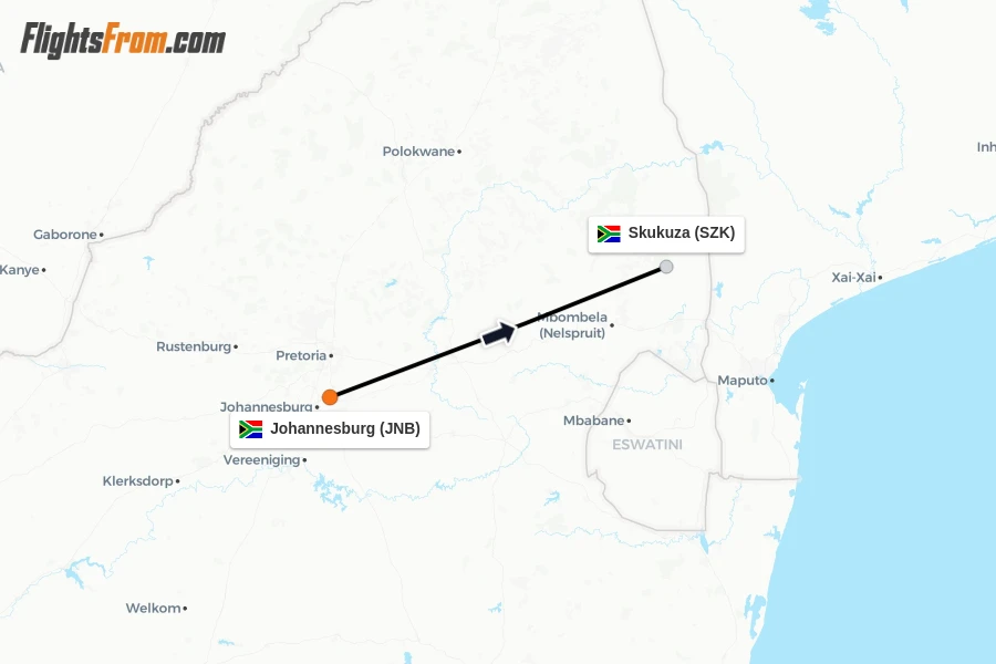 Flights from Johannesburg to Skukuza route map
