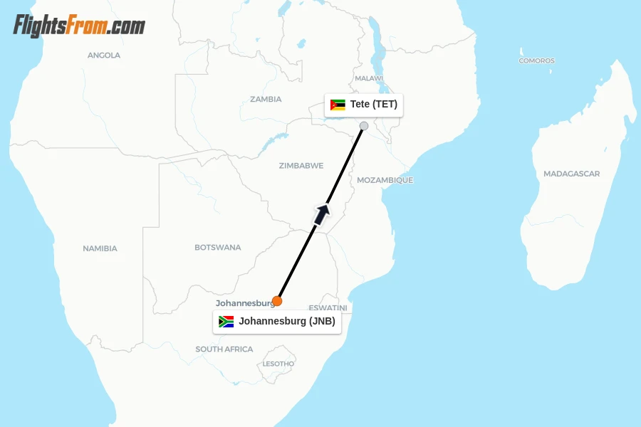 Flights from Johannesburg to Tete route map