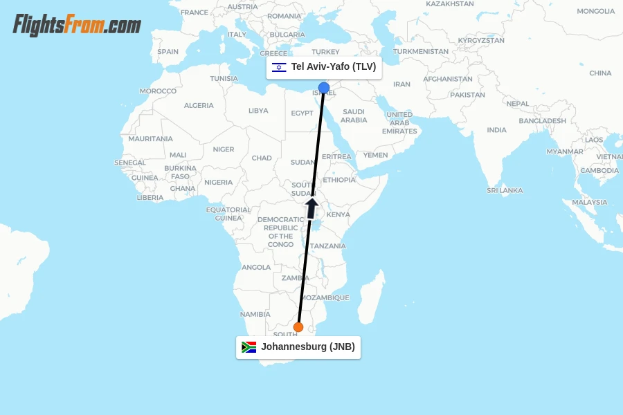 Flights from Johannesburg to Tel Aviv-Yafo route map