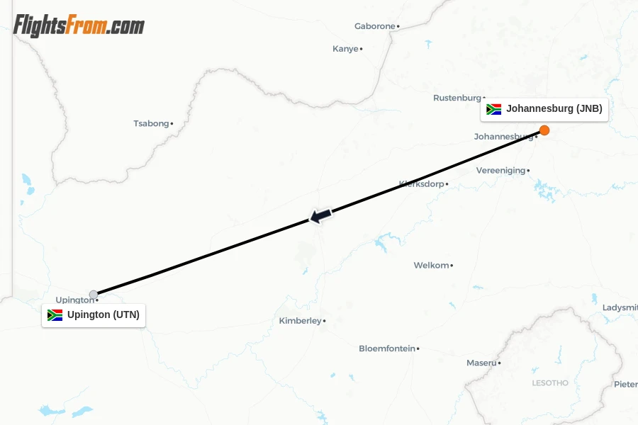 Flights from Johannesburg to Upington route map