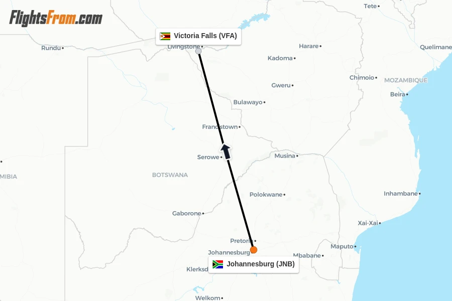 Flights from Johannesburg to Victoria Falls route map