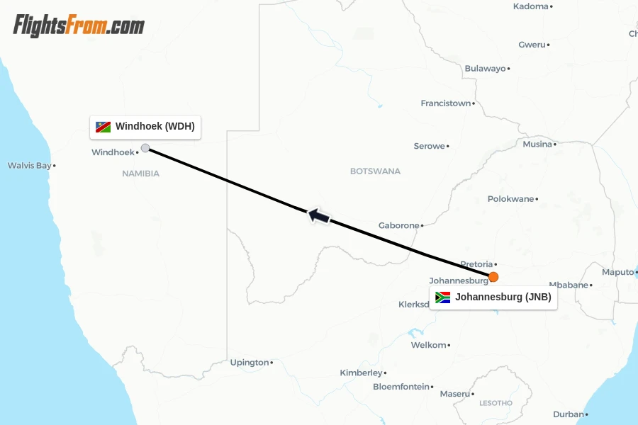 Flights from Johannesburg to Windhoek route map