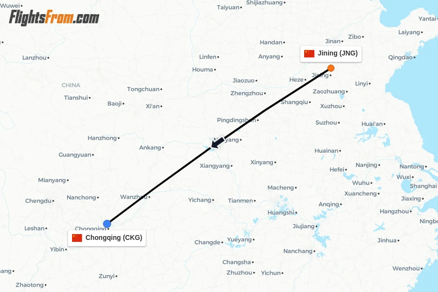 Flights from Jining to Chongqing route map