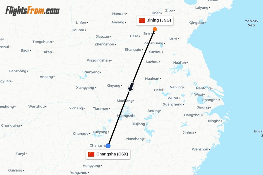 Flights from Jining to Changsha route map