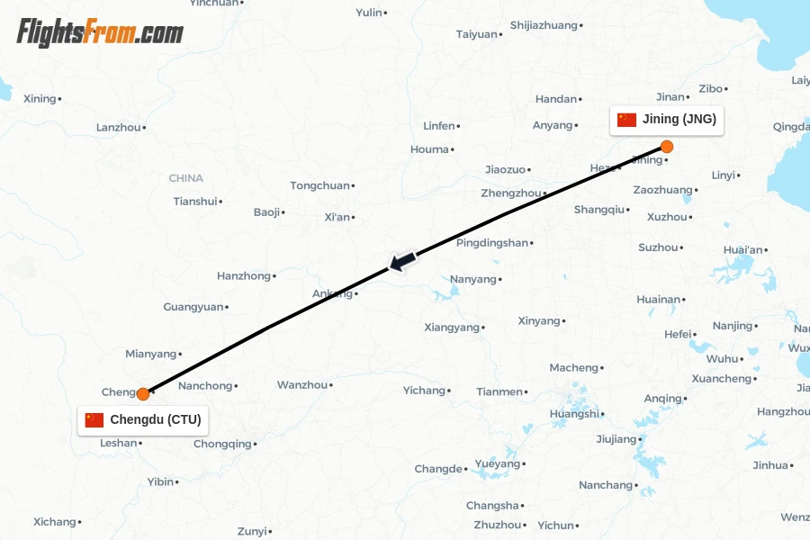 Flights from Jining to Chengdu route map