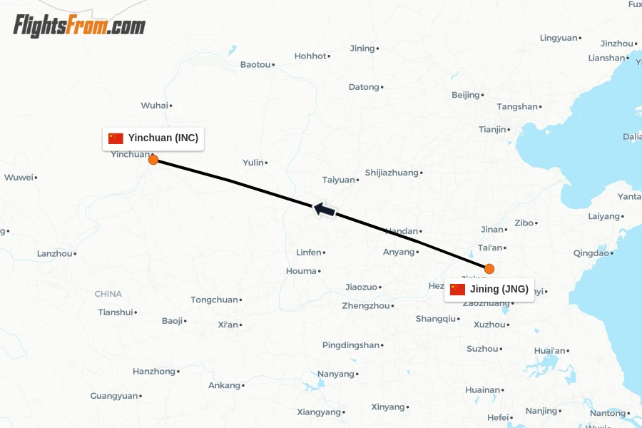 Flights from Jining to Yinchuan route map