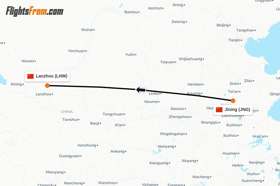 Flights from Jining to Lanzhou route map
