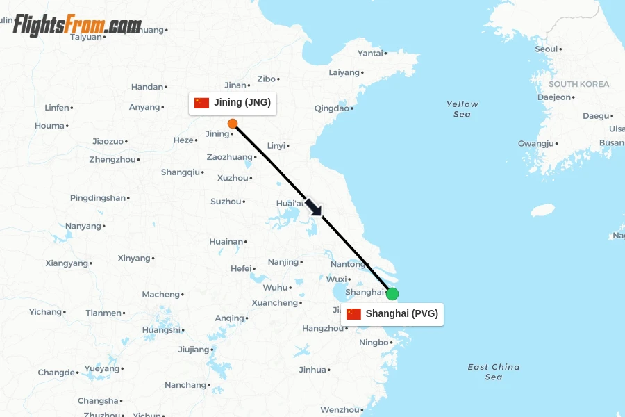 Flights from Jining to Shanghai route map