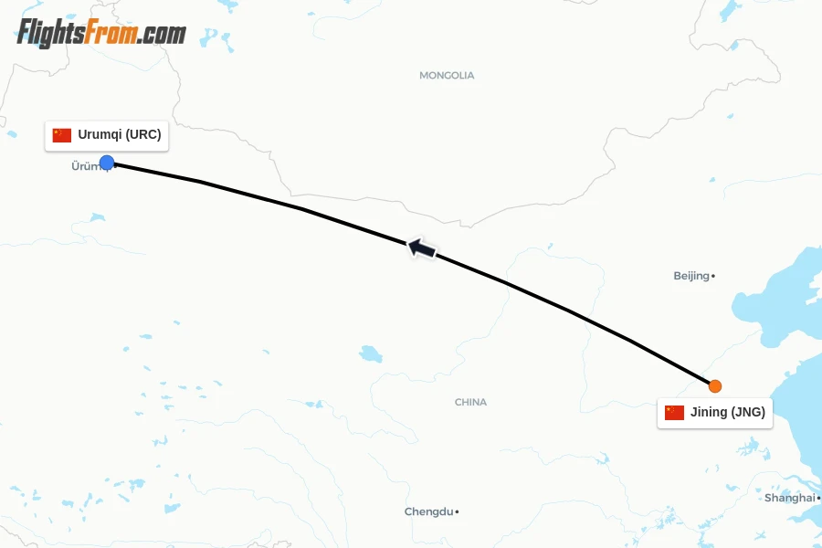 Flights from Jining to Urumqi route map