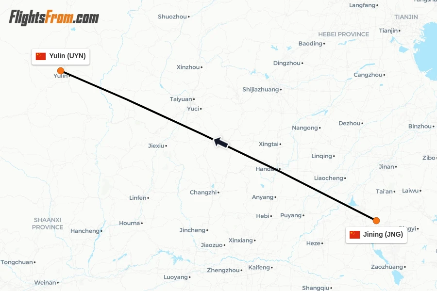 Flights from Jining to Yulin route map