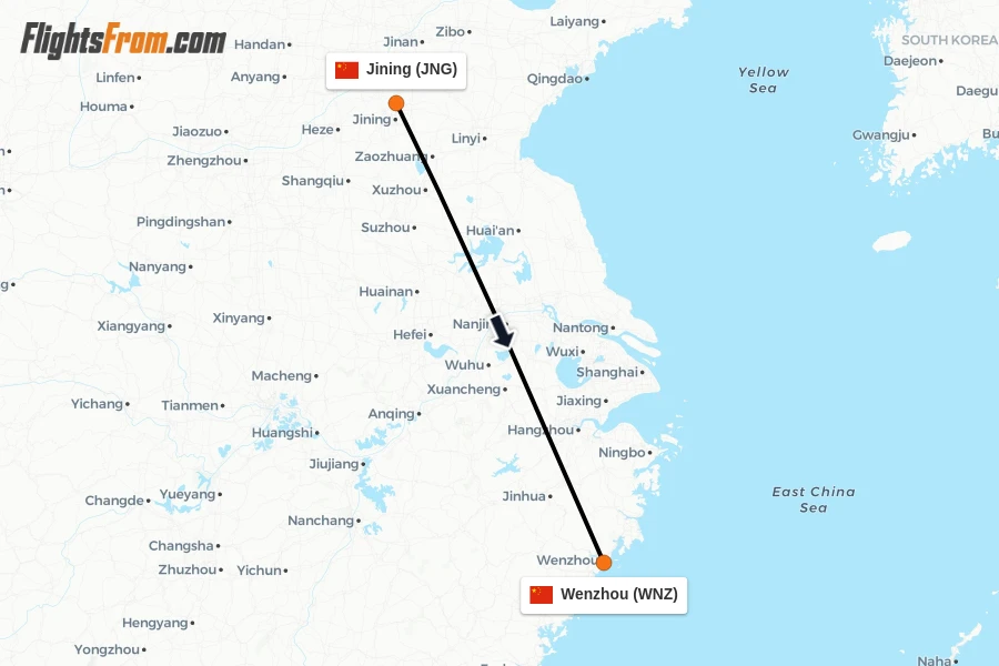 Flights from Jining to Wenzhou route map