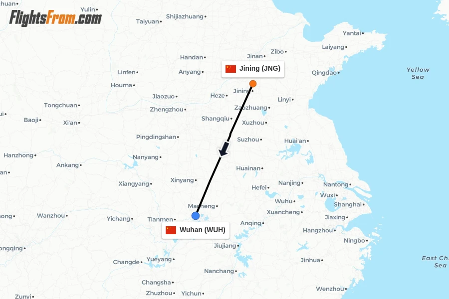 Flights from Jining to Wuhan route map