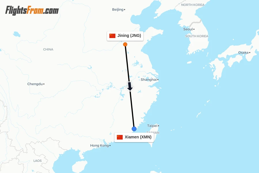 Flights from Jining to Xiamen route map