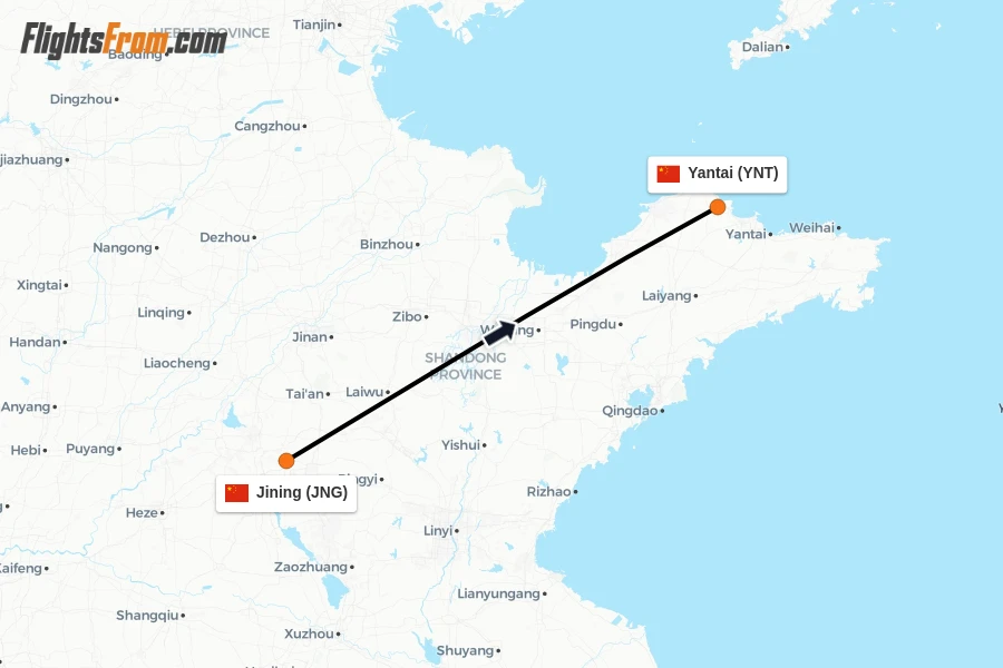 Flights from Jining to Yantai route map