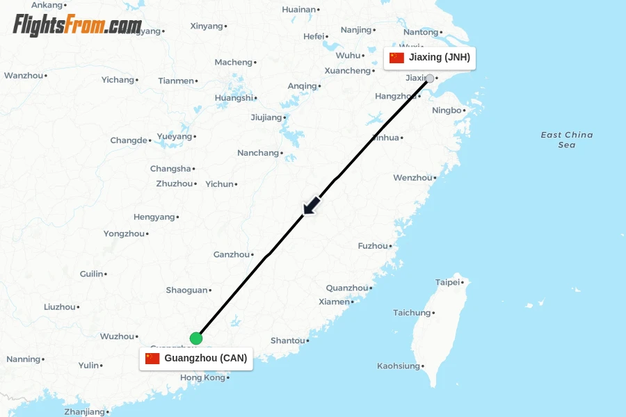 Flights from Jiaxing to Guangzhou route map