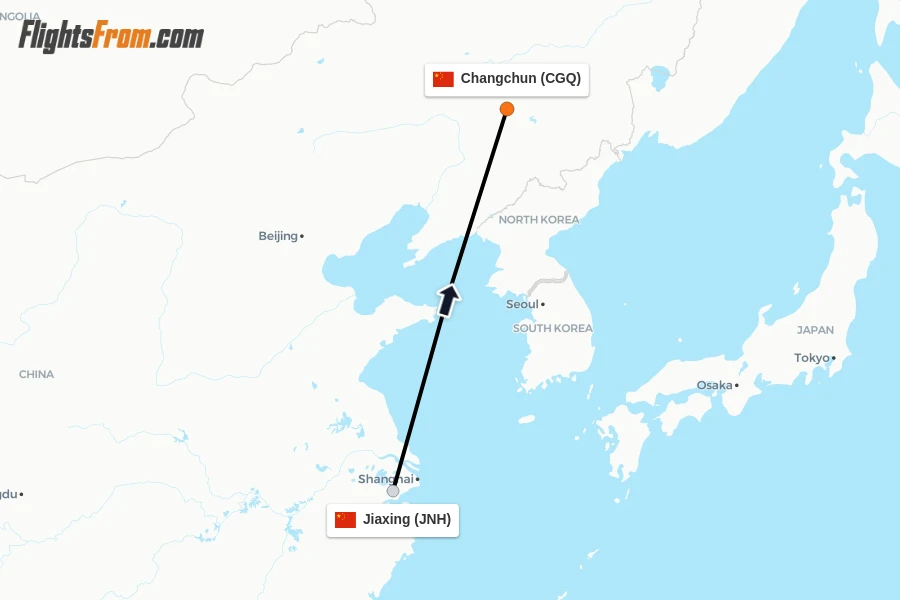 Flights from Jiaxing to Changchun route map