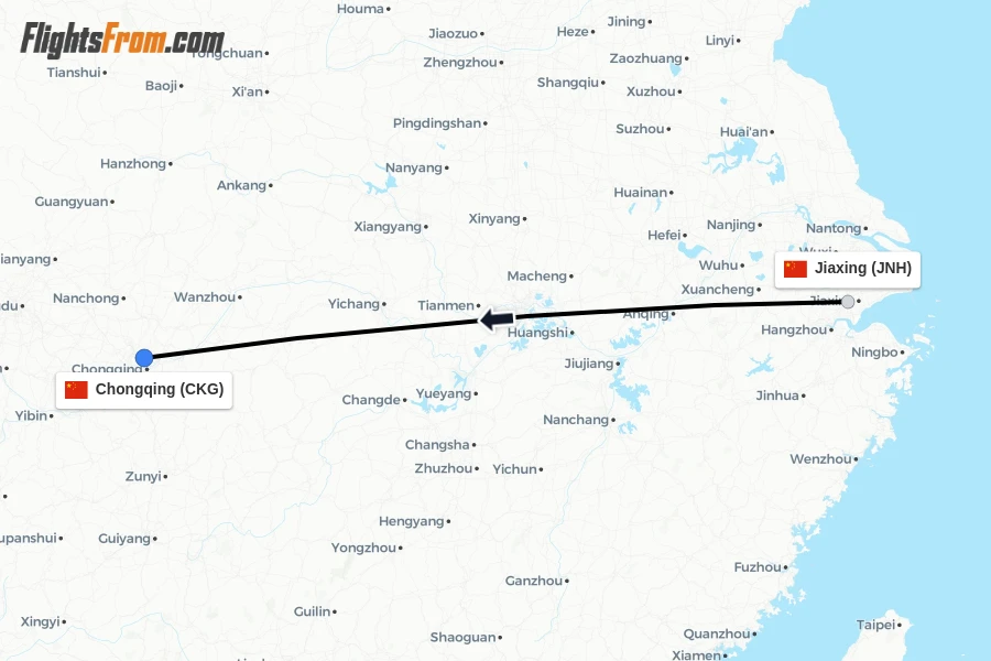 Flights from Jiaxing to Chongqing route map