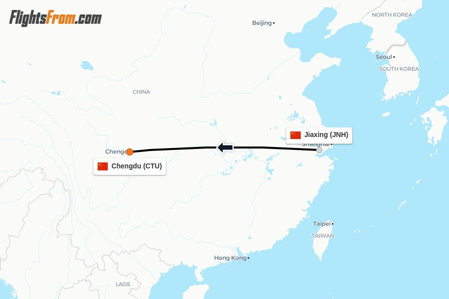 Flights from Jiaxing to Chengdu route map