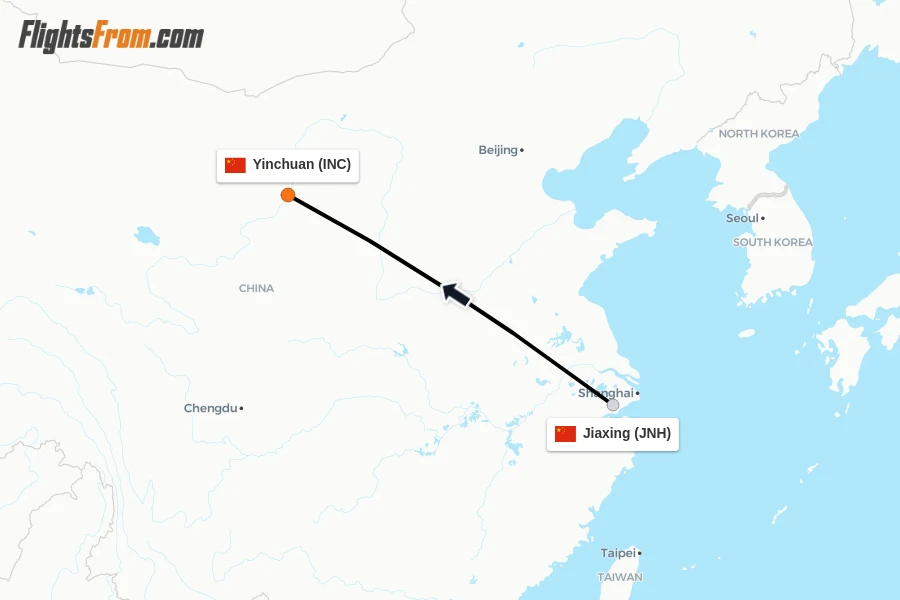 Flights from Jiaxing to Yinchuan route map