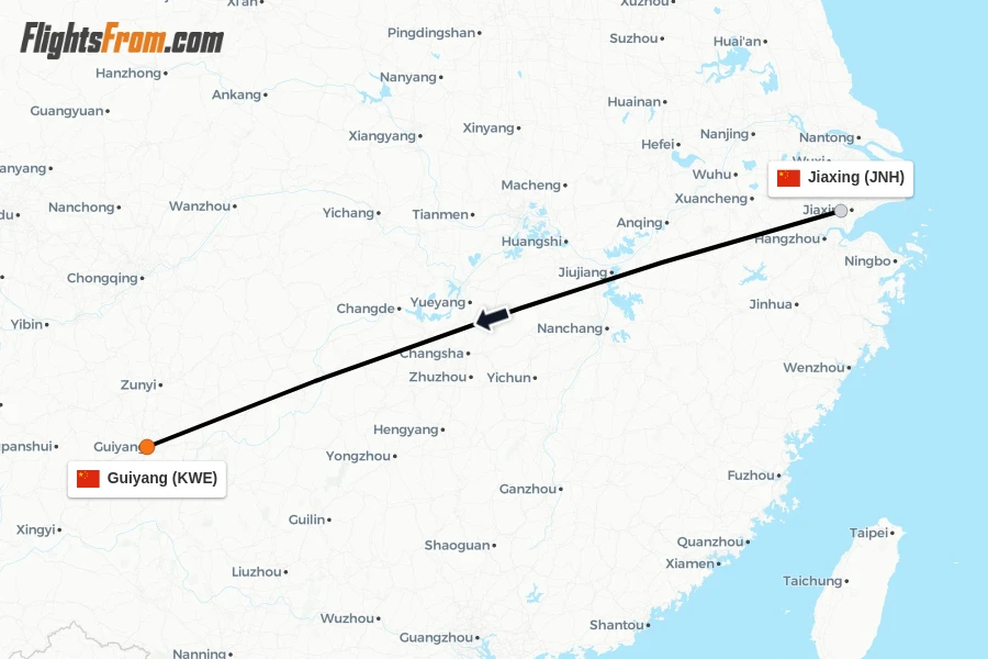 Flights from Jiaxing to Guiyang route map