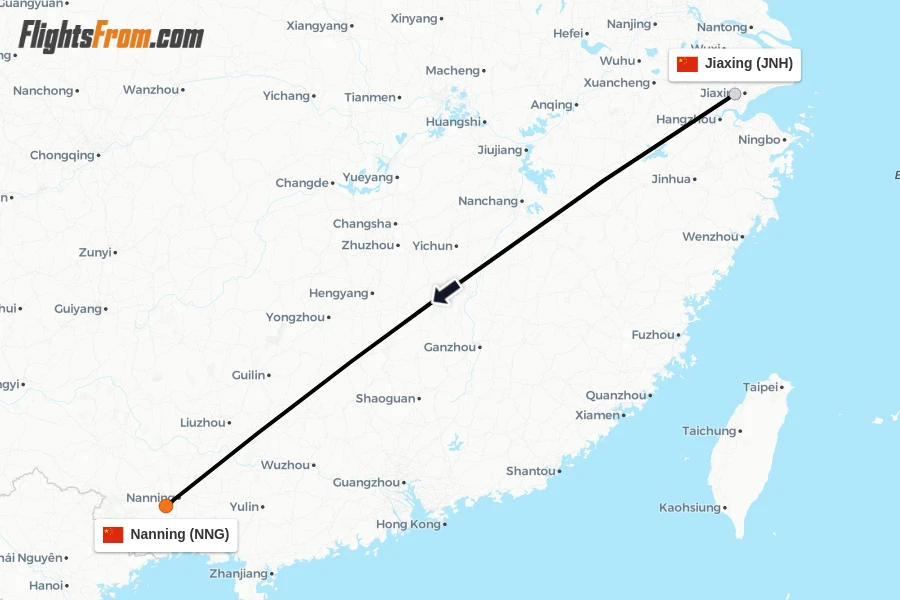 Flights from Jiaxing to Nanning route map