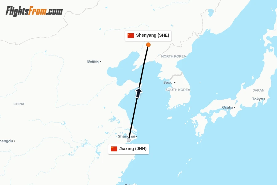 Flights from Jiaxing to Shenyang route map