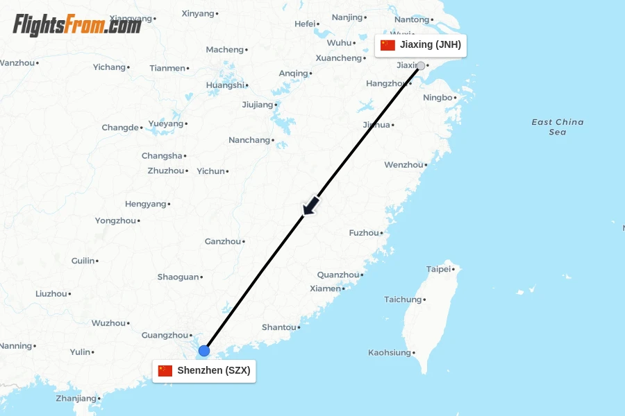 Flights from Jiaxing to Shenzhen route map