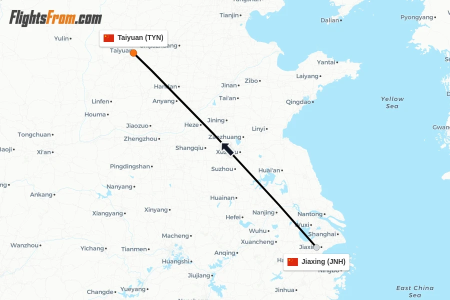 Flights from Jiaxing to Taiyuan route map