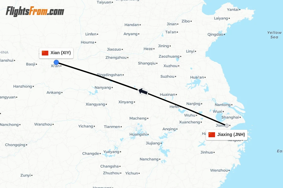 Flights from Jiaxing to Xian route map
