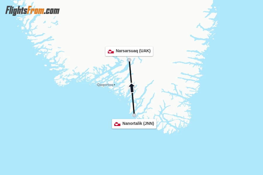 Flights from Nanortalik to Narsarsuaq route map