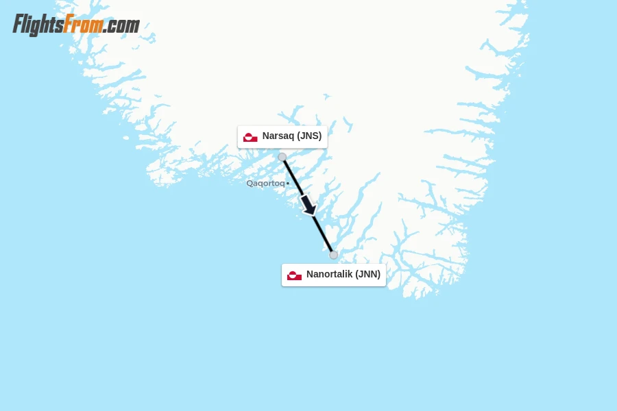 Flights from Narsaq to Nanortalik route map