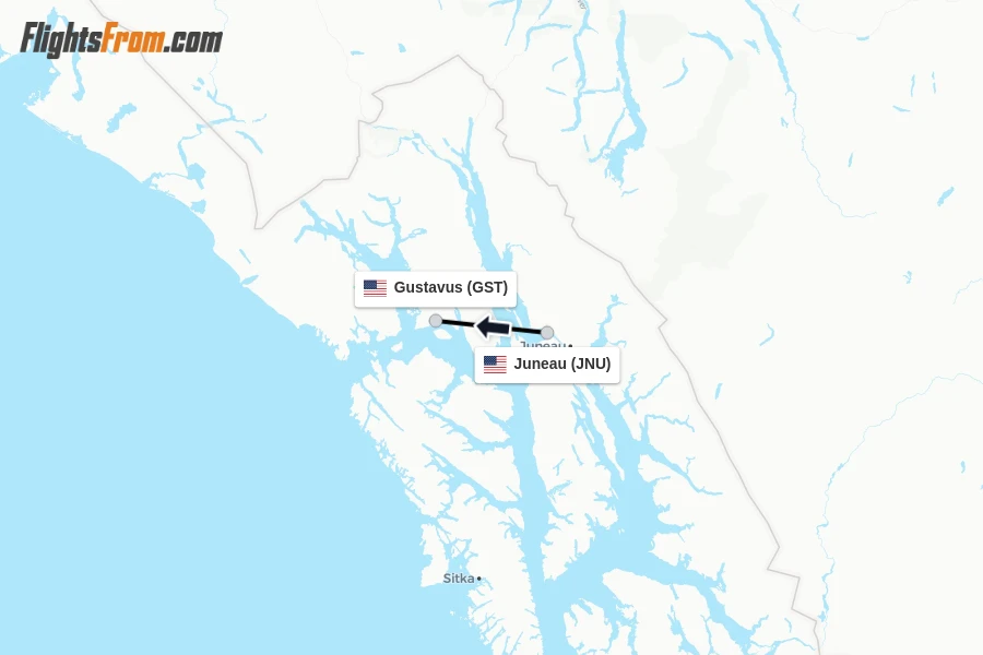 Flights from Juneau to Gustavus route map