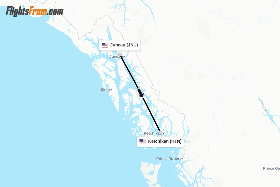 Flights from Juneau to Ketchikan route map