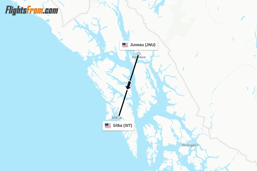 Flights from Juneau to Sitka route map