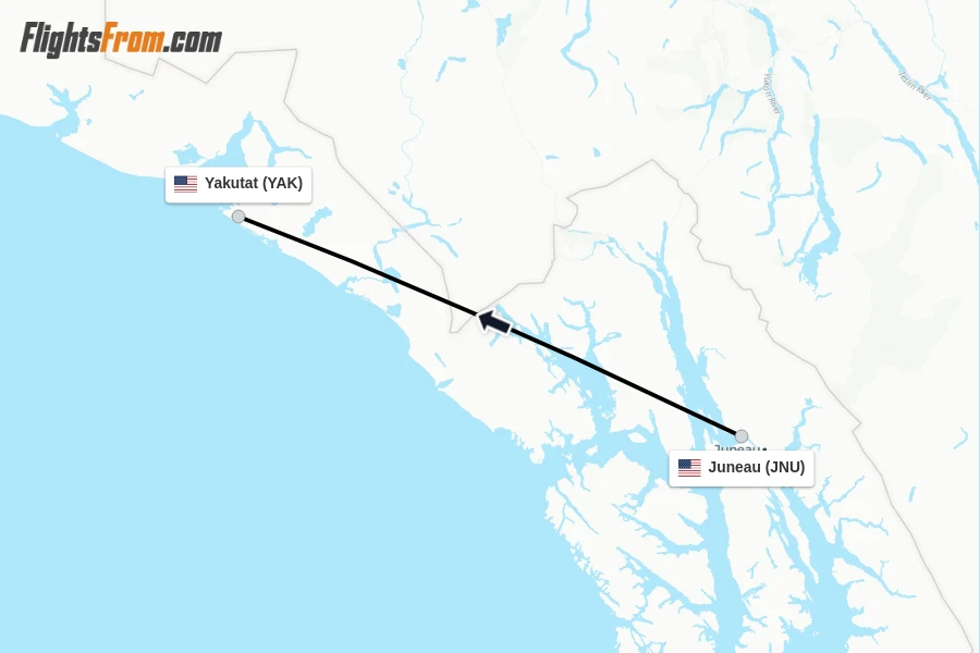 Flights from Juneau to Yakutat route map