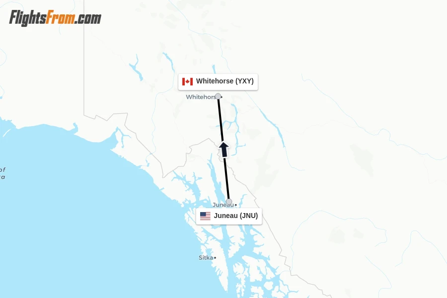 Flights from Juneau to Whitehorse route map