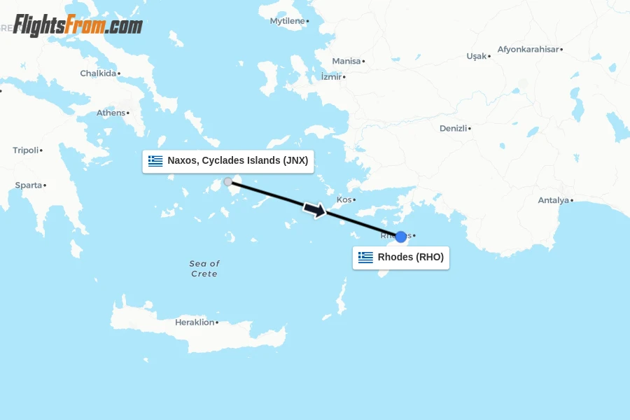 Flights from Naxos, Cyclades Islands to Rhodes route map