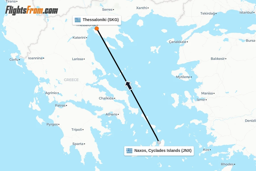 Flights from Naxos, Cyclades Islands to Thessaloniki route map