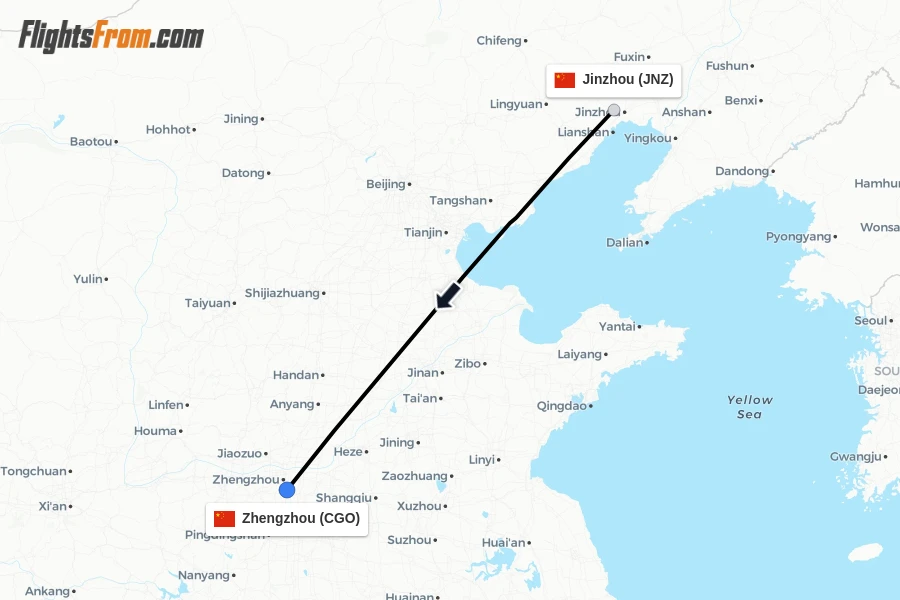 Flights from Jinzhou to Zhengzhou route map