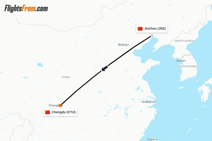 Flights from Jinzhou to Chengdu route map